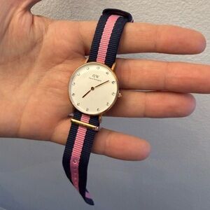 Daniel Wellington Navy and Pink Stripe Nylon Watch with Rose Gold Case